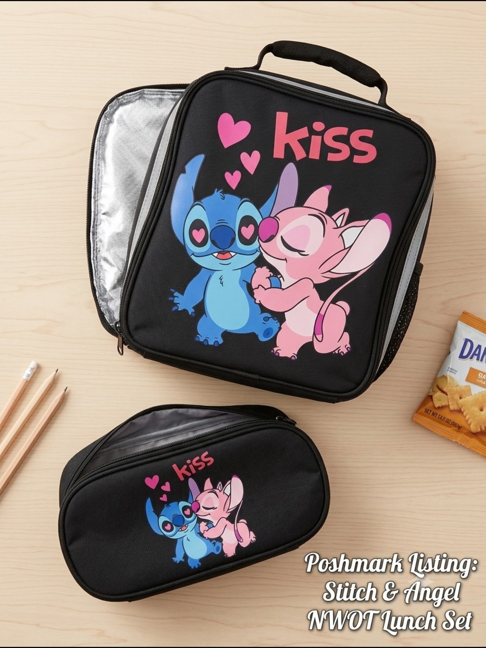 ​NWOT Stitch & Angel Kiss Lunch Bag & Matching Pencil Case Pouch Set